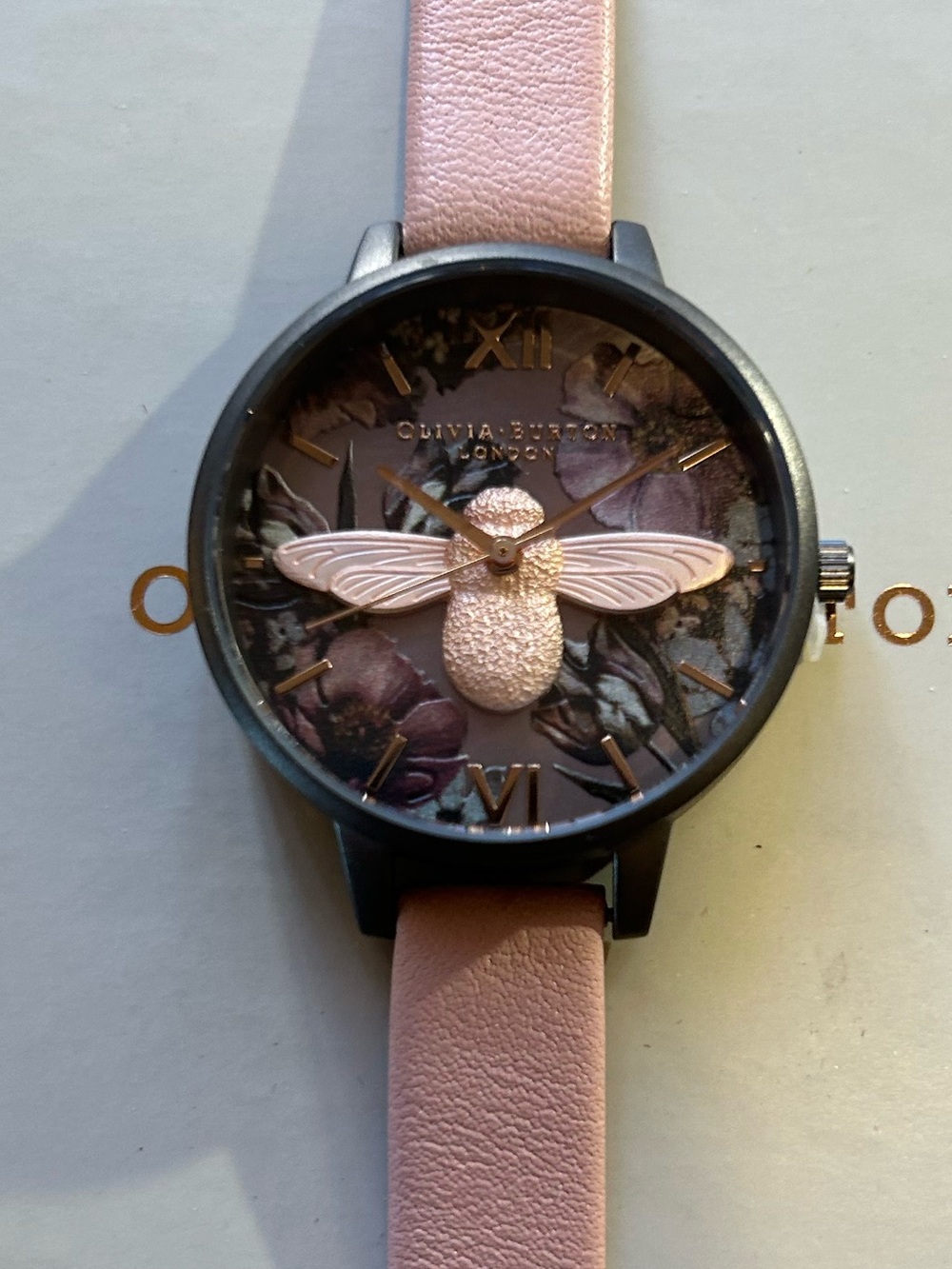 OLIVIA BURTON WATCH WITH 34mm GUNMETAL GREY PERL FLORAL FACE WITH ROSEGOLD 3DBEE